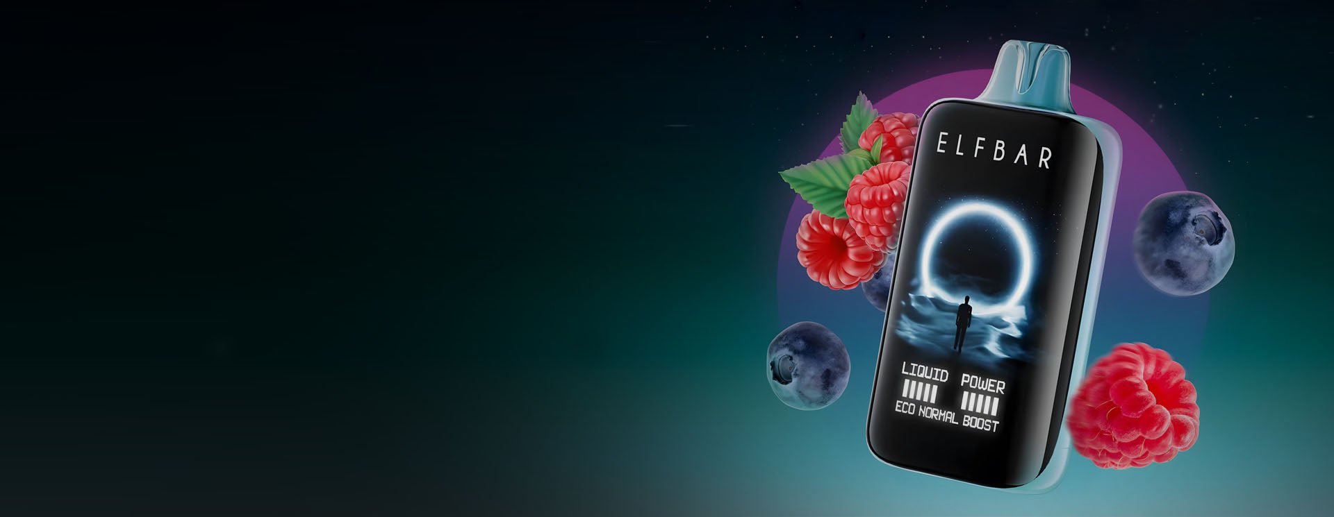 ELF BAR vape device with berries and space-themed background