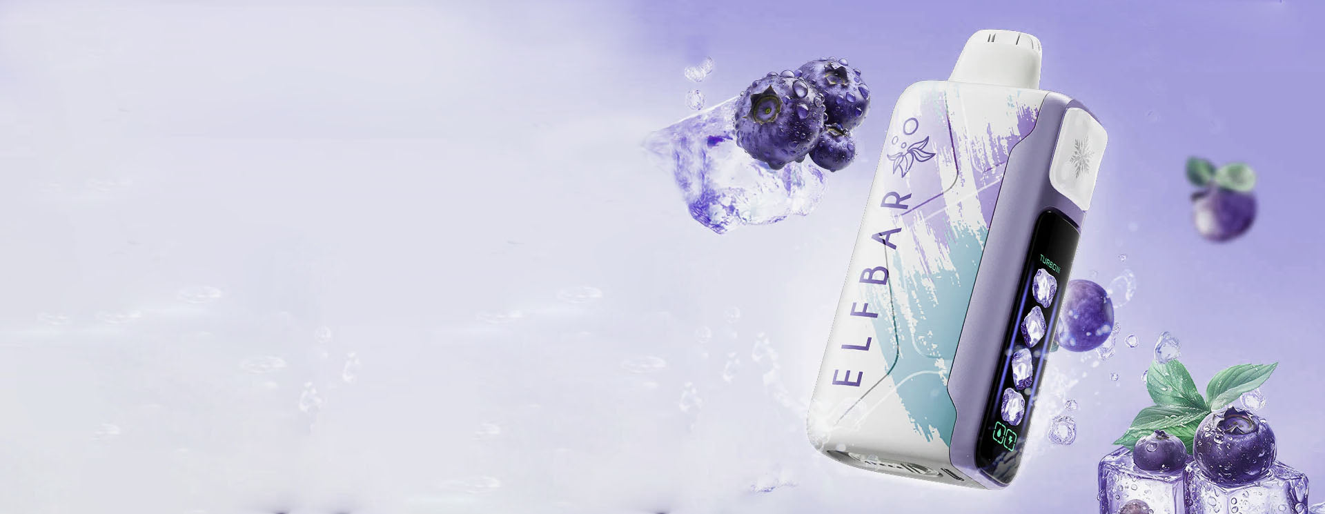 Elfaak product with blueberries and ice cubes on a light purple background